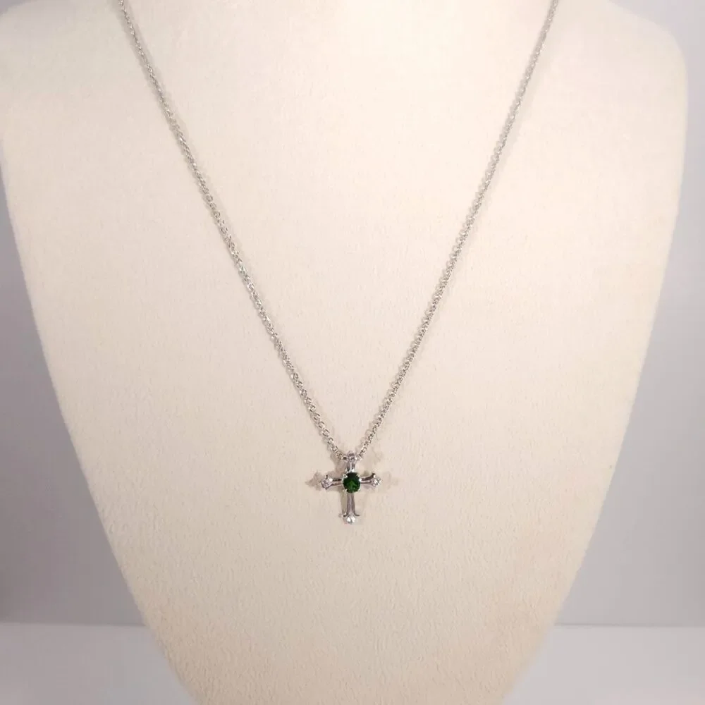 Chrome Diopside Cross Pendant and Stainless Steel Chain